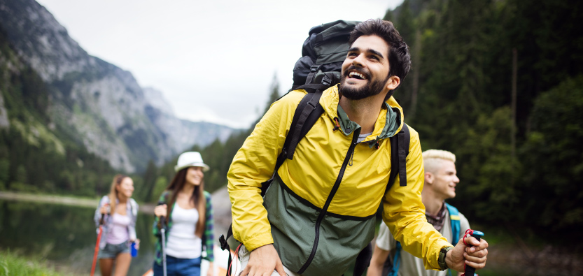 Group hiking in scenic mountain landscape