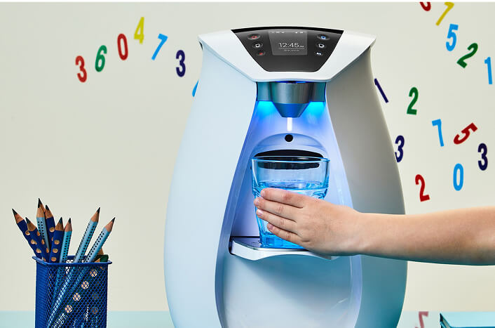 Person filling cup with water cooler, colorful numbers background.