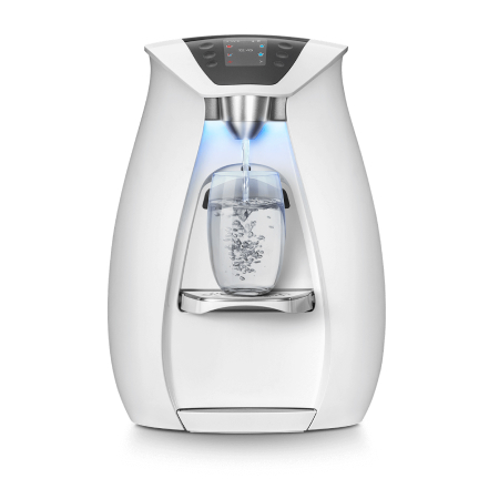 Modern water dispenser with light, dispensing water.