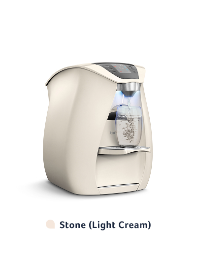 Light cream kitchen appliance with glass, side view.