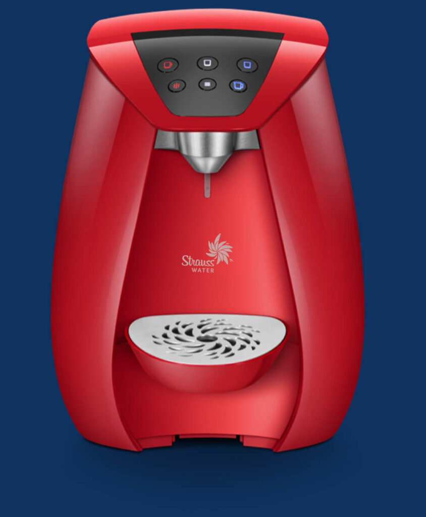 Red water dispenser with control panel