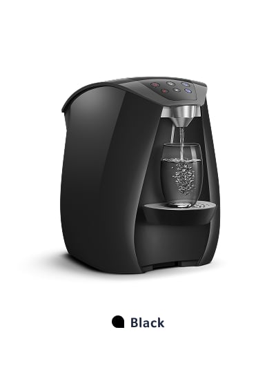 Black water dispenser filling glass with water