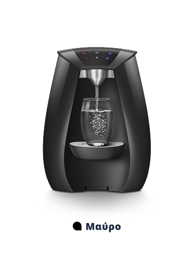 Μαύρος διανομέας νερού με γυάλινο ποτήρι.