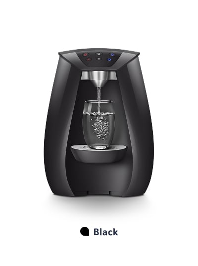 Black countertop water dispenser with glass filling.
