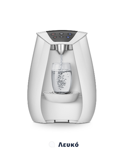 Λευκός διανομέας νερού με γυάλινο ποτήρι.