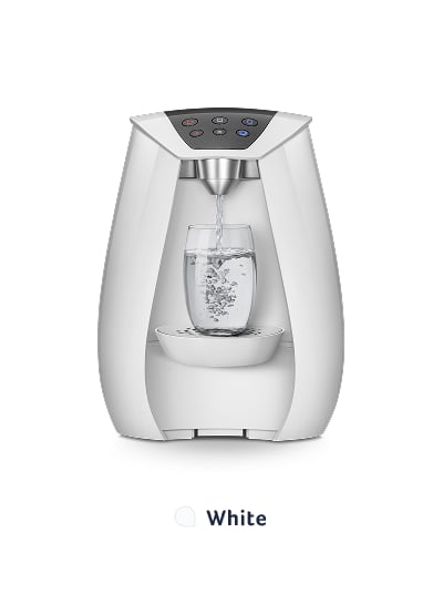 White countertop water dispenser pouring into glass