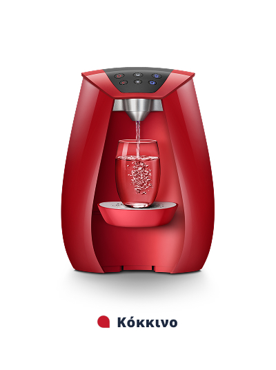 Κόκκινη καφετιέρα με γυάλινο ποτήρι και κουμπιά.