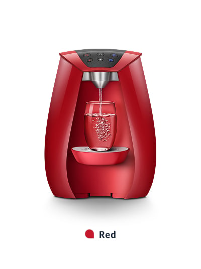 Red water dispenser with filled glass