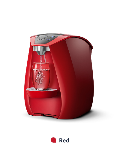 Red countertop water dispenser with digital controls.