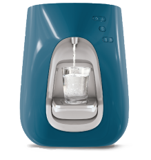 Blue water dispenser with glass filling.