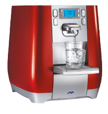 Red water purifier dispensing into glass